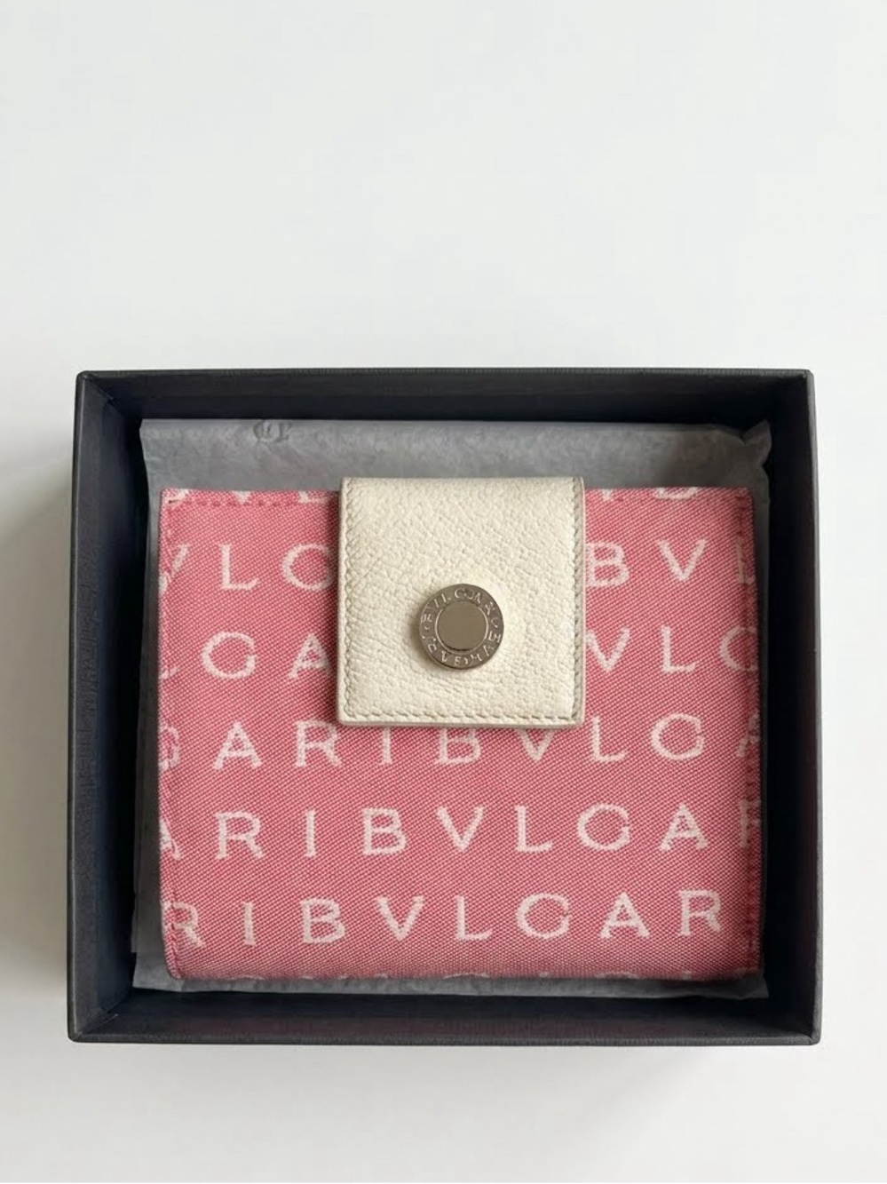 NWT BVLGARI Pink Logomania Canvas Compact Wallet with Box